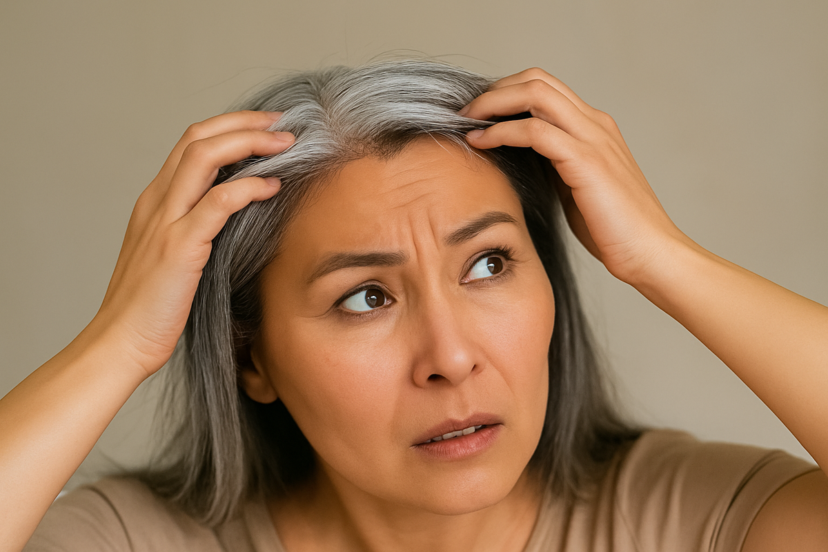 白髪を気にして頭を抱えている表情の女性