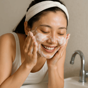 洗顔をする女性