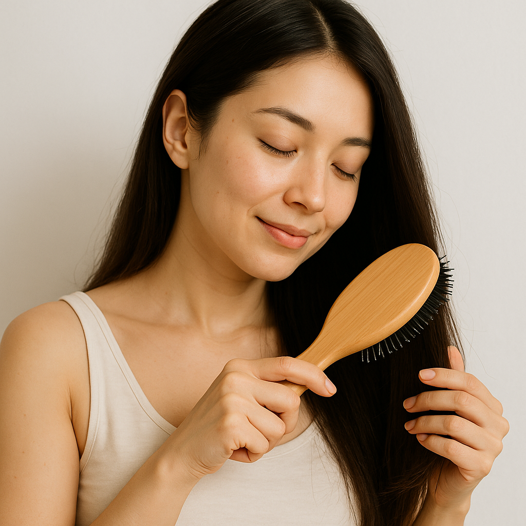 ヘアブラシで髪をとかす女性