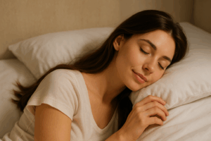 ベッドに入って規則正しい睡眠をとる女性