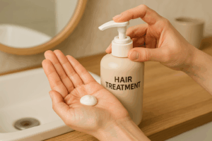ヘアトリートメントを手のひらに出している