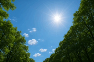 夏の強い日差しの空、周りには木が生えてる