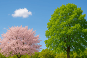 桜の木と青々とした大きな木